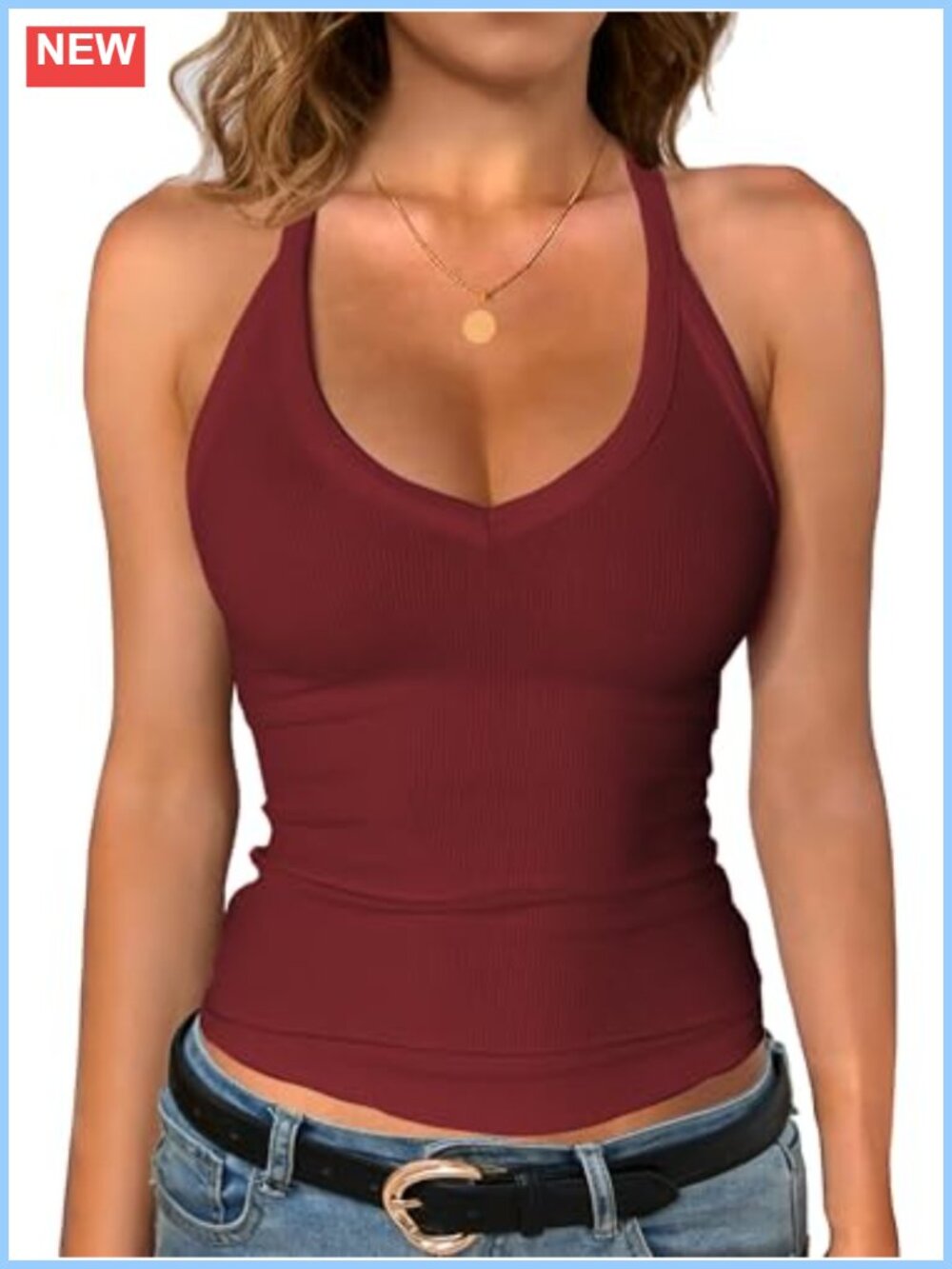 Womens Ribbed Workout Tank Top Built-in Shelf Bra Racerback V-Neck Cami